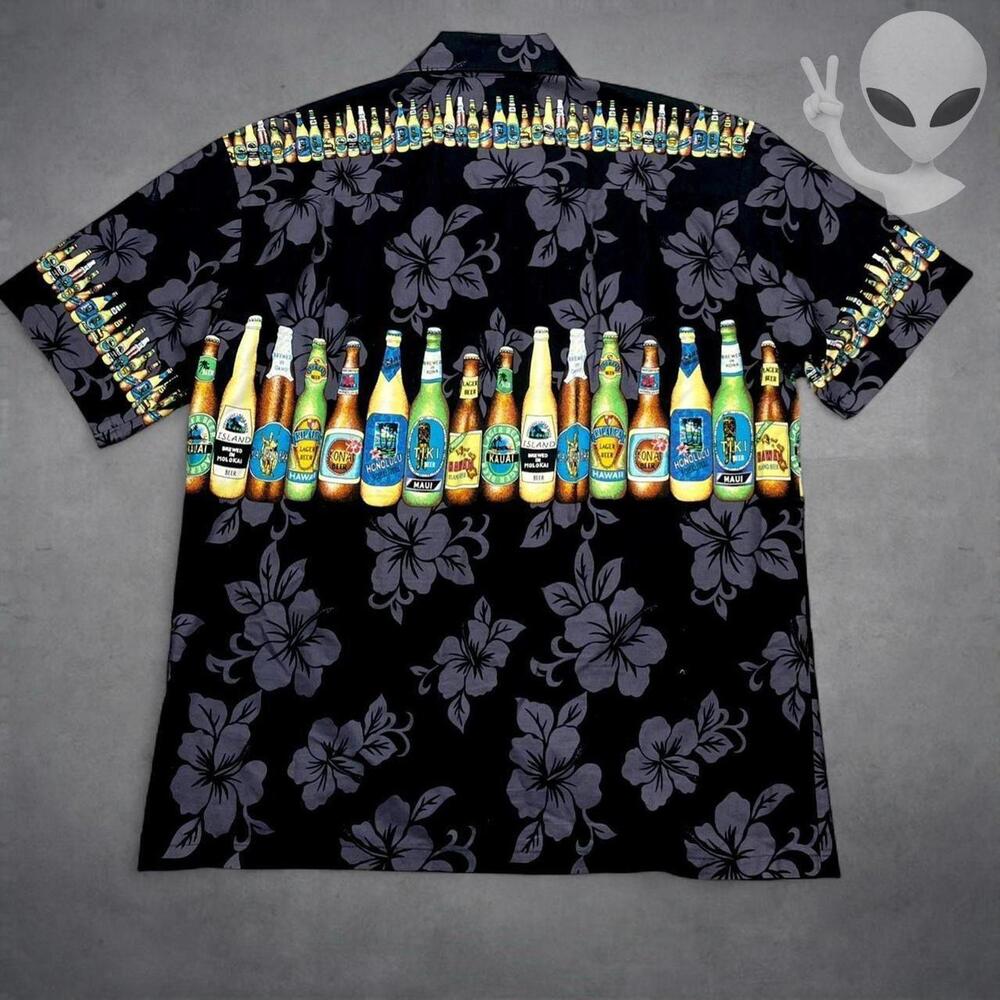 KY'S Hawaiian Shirt Large Black Hibiscus Beer Bottle Border Aloha Print - Picture 4 of 4
